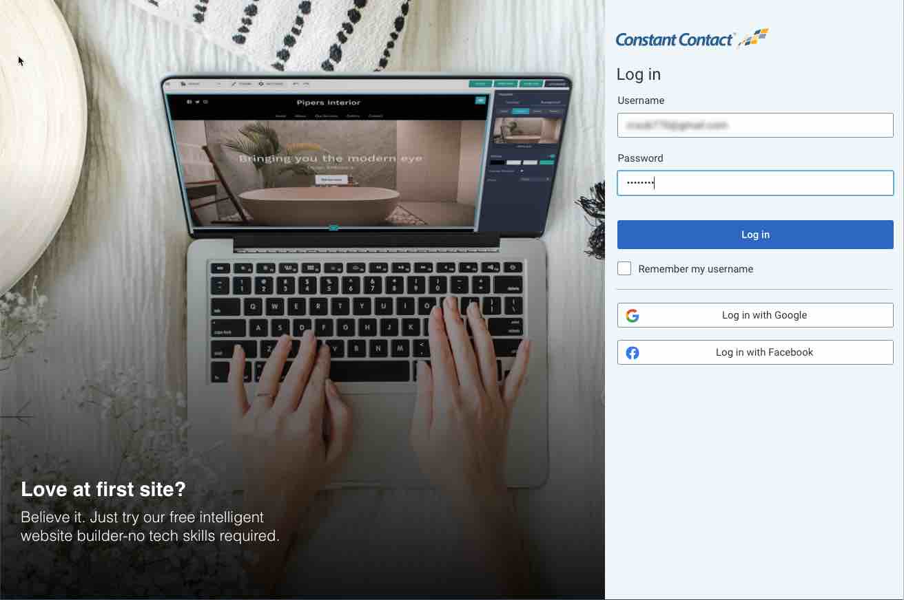 Constant Contact login page, image of laptop and hands on left side