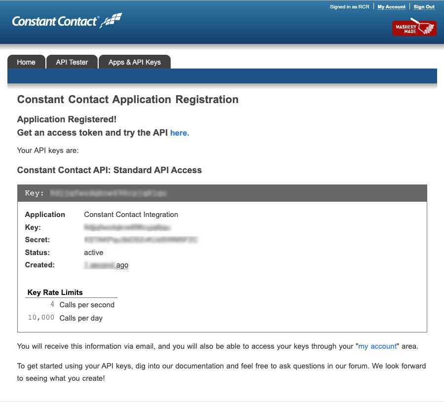 Constant Contact application registration page with API key information blurred out