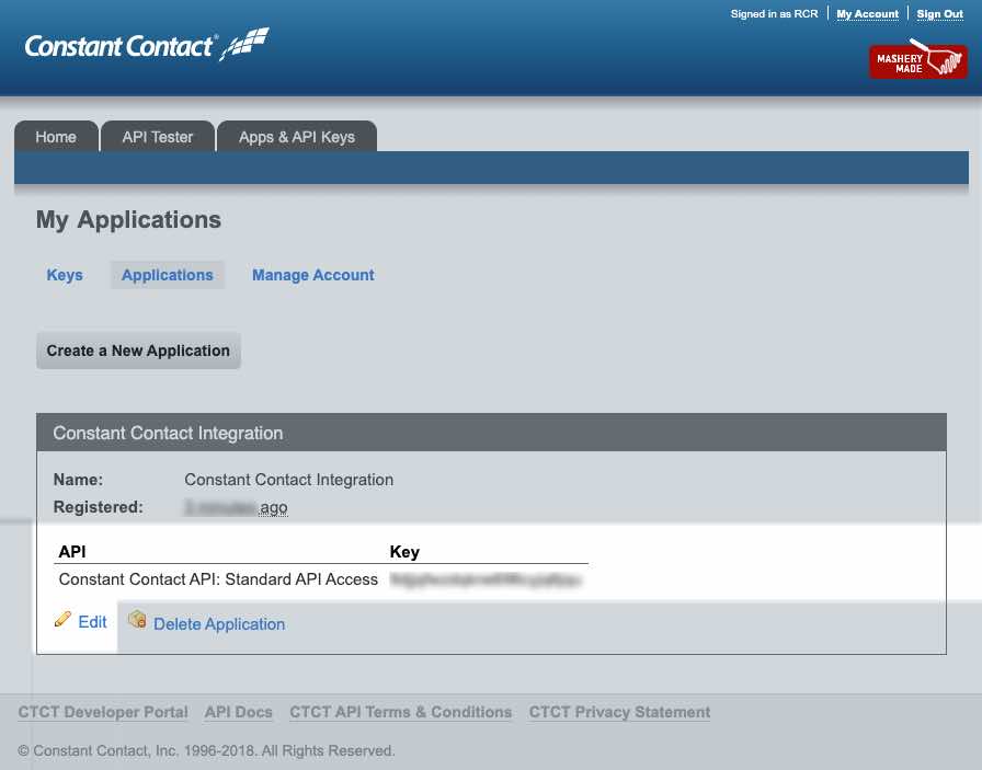 Constant Contact My Applications page Constant Contact Integration API information highlighted in white