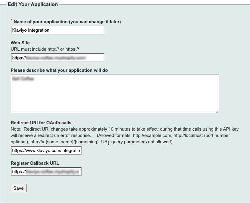 Constant Contact Edit your Application page with fields including Redirect URI for OAuth calls