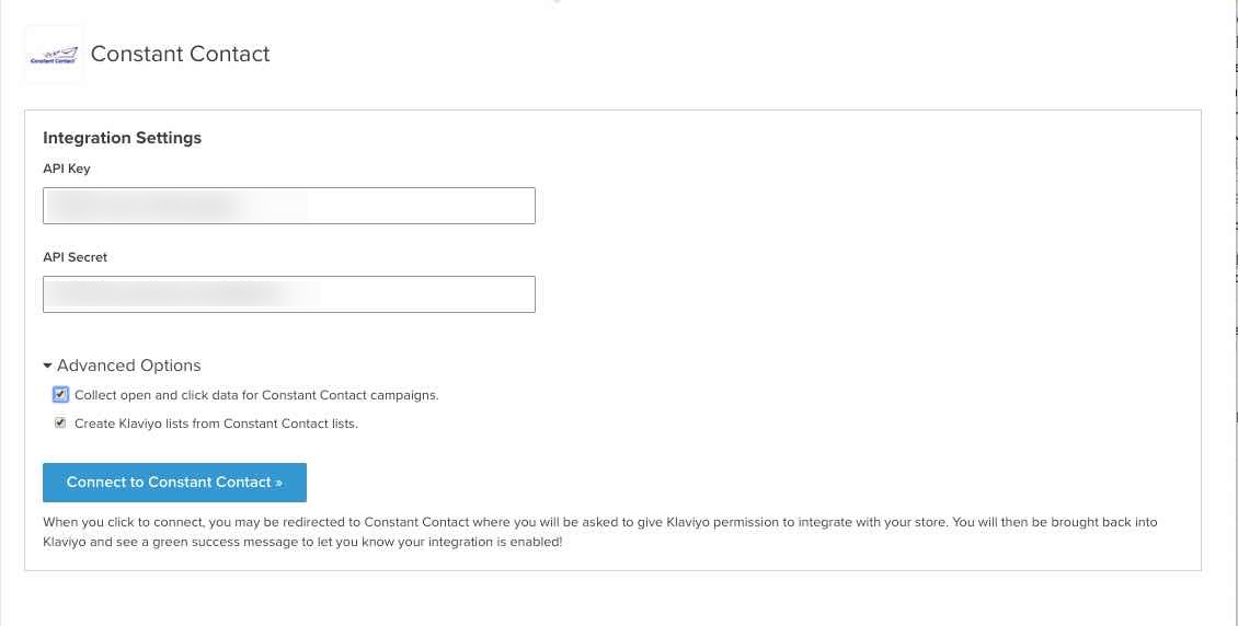 Constant Contact integration settings page in Klaviyo with API Key, API Secret, Advanced Options, and Connect to Constant Contact with blue background