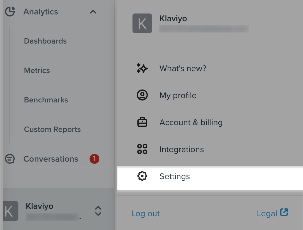 The account menu expanded with the Settings section highlighted
