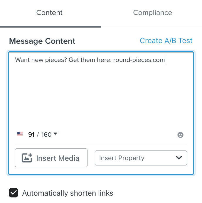 Message creation screen, showing the A/B test option