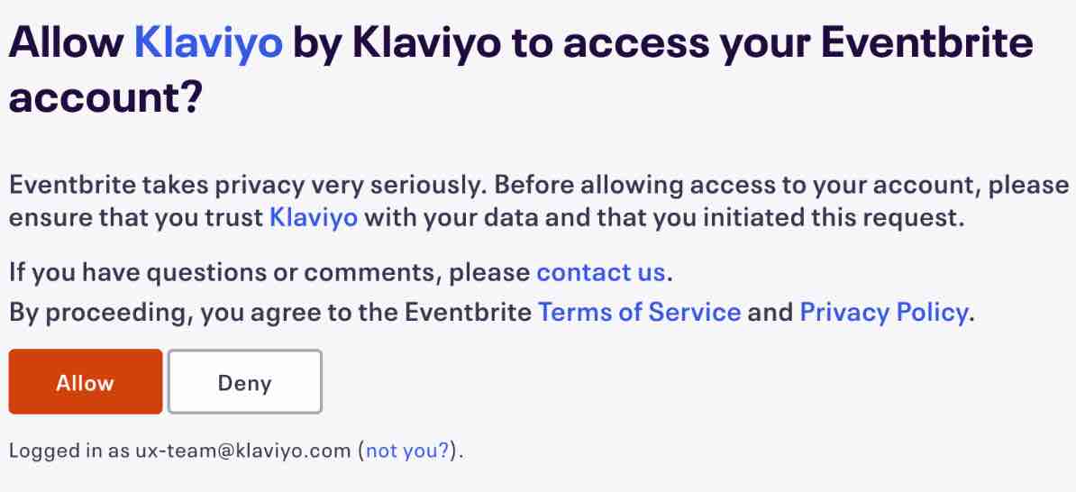 Screen asking Allow Klaviyo by Klaviyo to access your Eventbrite account? with Allow with orange background and deny with white background