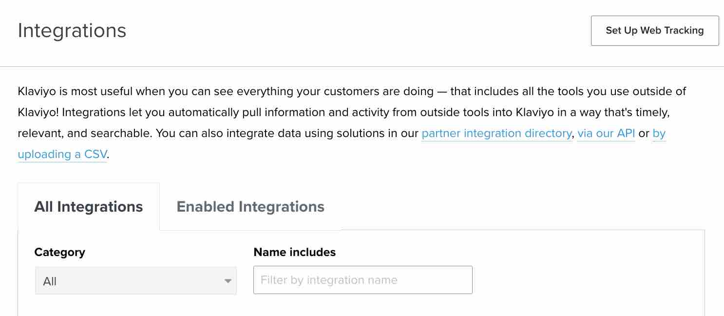 Integrations tab in Klaviyo showing Set Up Web Tracking button in upper right corner
