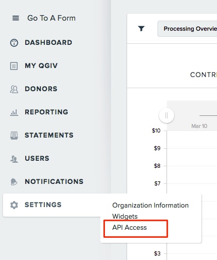 Qgiv account showing settings menu open and API Access outlined in red
