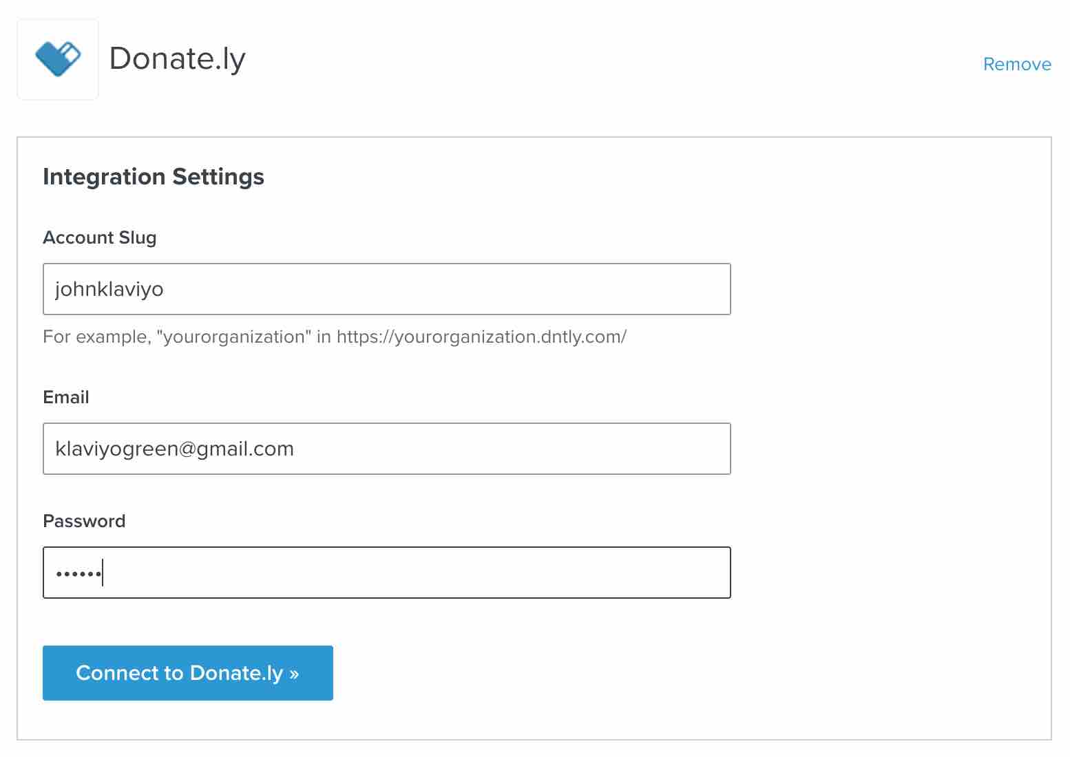 Donate.ly integration settings page in Klaviyo with fields for Account Slug, Email, and Password