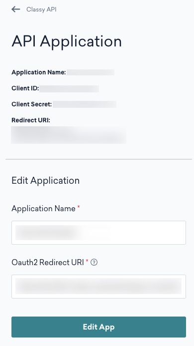 Edit API application page in Classy Client ID and Client Secret fields blurred out