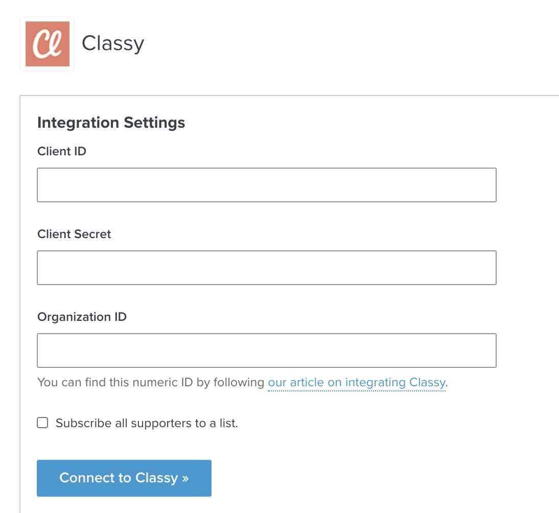 Classy integration settings page in Klaviyo with fields for Client ID, Client Secret, and Organization ID, Connect to Classy with blue background