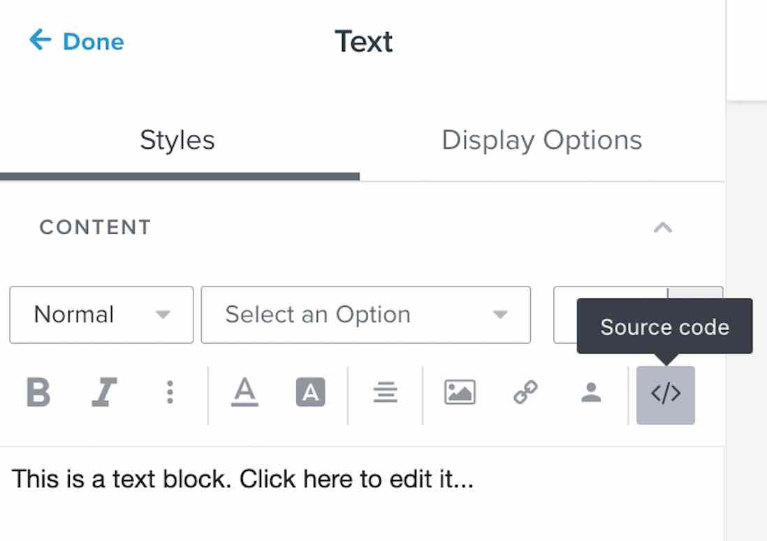 Text block in Klaviyo email template editor with source code button highlighted