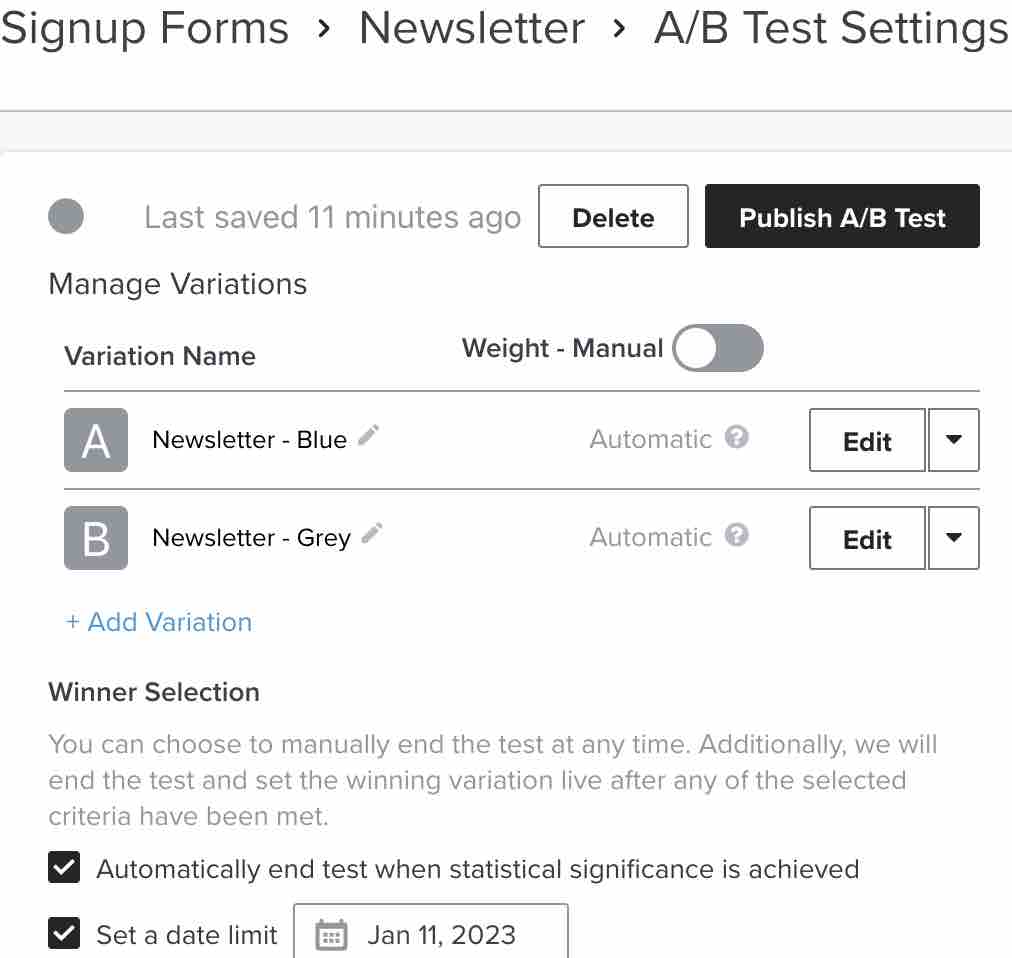 The A/B test settings page where you can see the settings for each variation of the test.