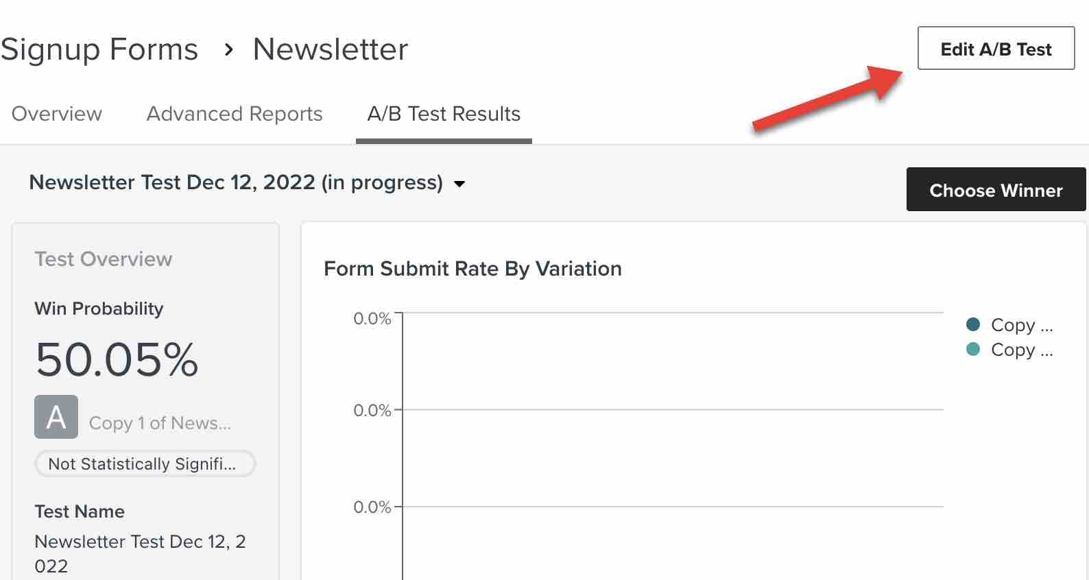 On the A/B test results page, click edit A/B test to edit the test name and notes.