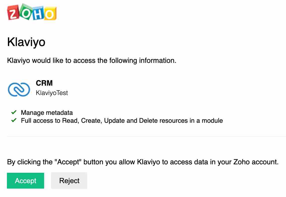 Zoho screen showing Klaviyo looking for access metadata and read, write, update and delete resources