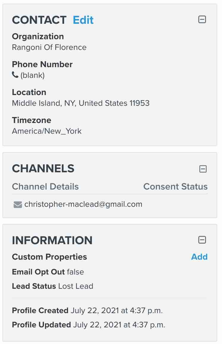 Contact, channels, and information sections of a profile in Klaviyo with customer property lead status set to Lost Lead