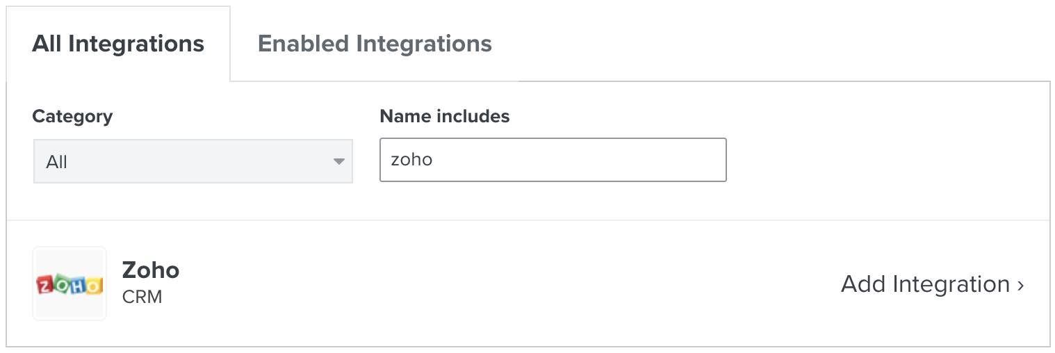 Klaviyo All Integrations tab with Zoho in searchbar and Zoho card in results