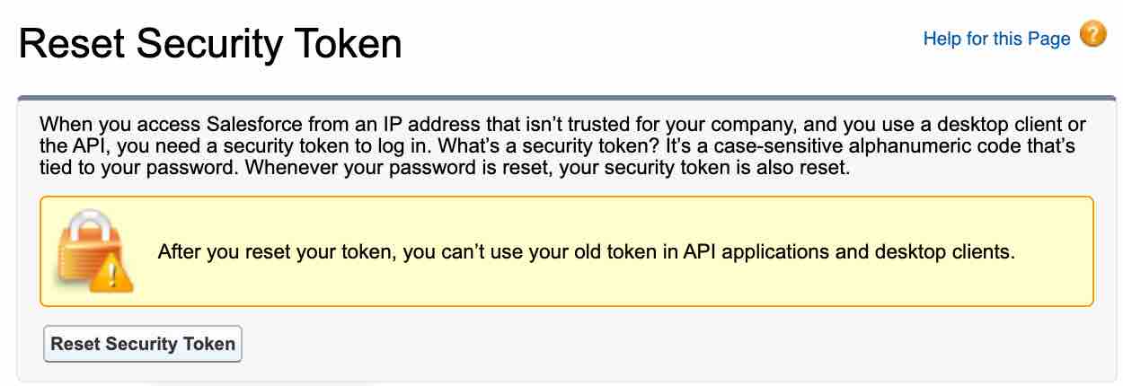 Reset security token page with warning in yellow and reset security token button with gray background
