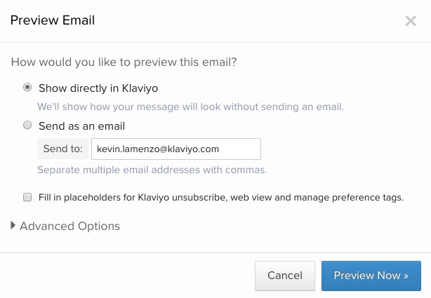 Show directly in Klaviyo option selected for previewing emails