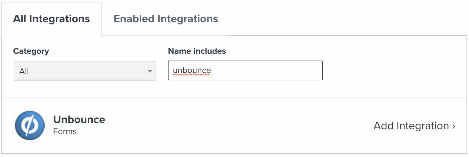 All integrations tab in Klaviyo with Unbounce in searchbar and Unbounce card in results