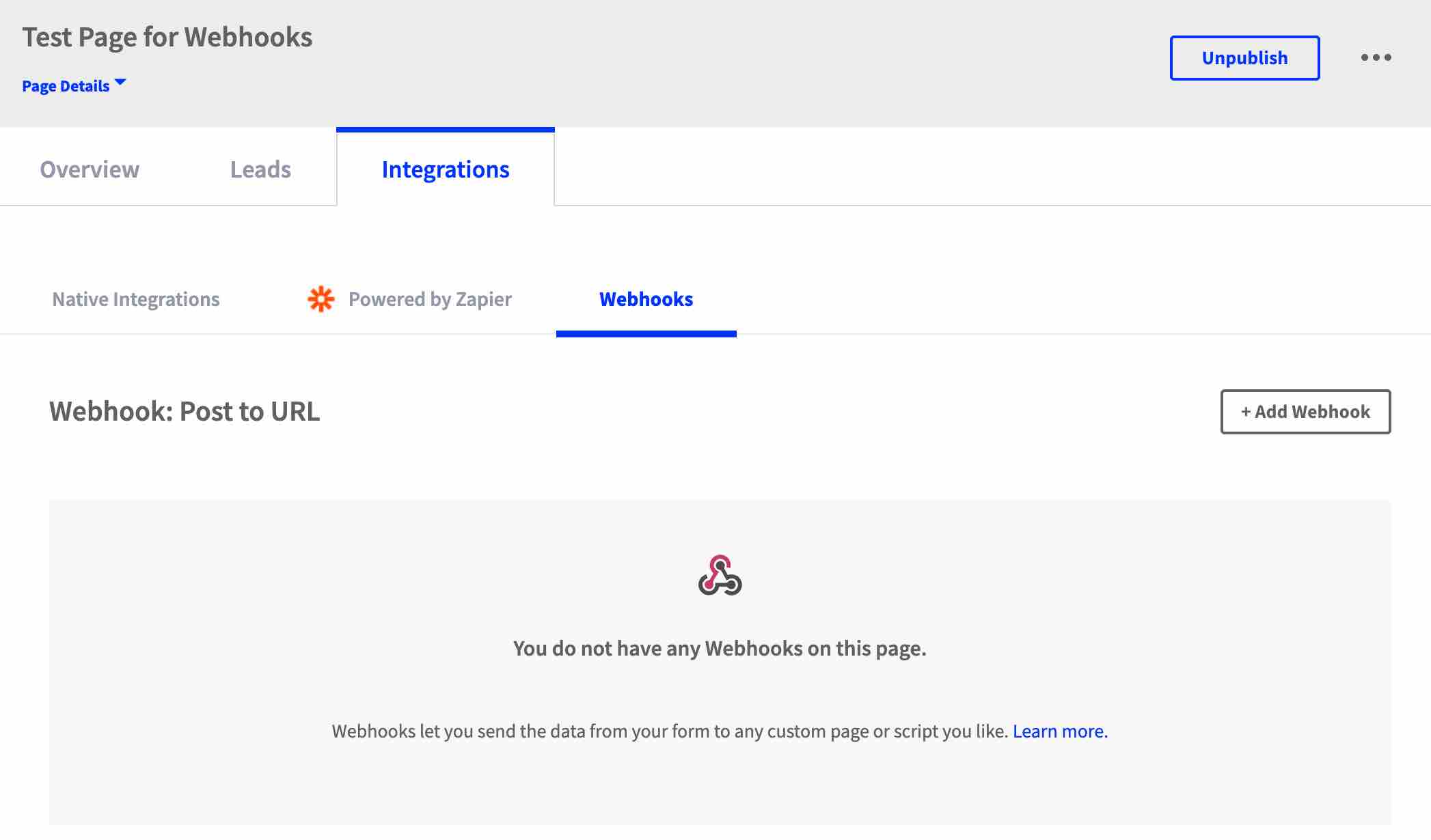 Integrations tab of Test Page for Webhooks showing Webhooks tab within it