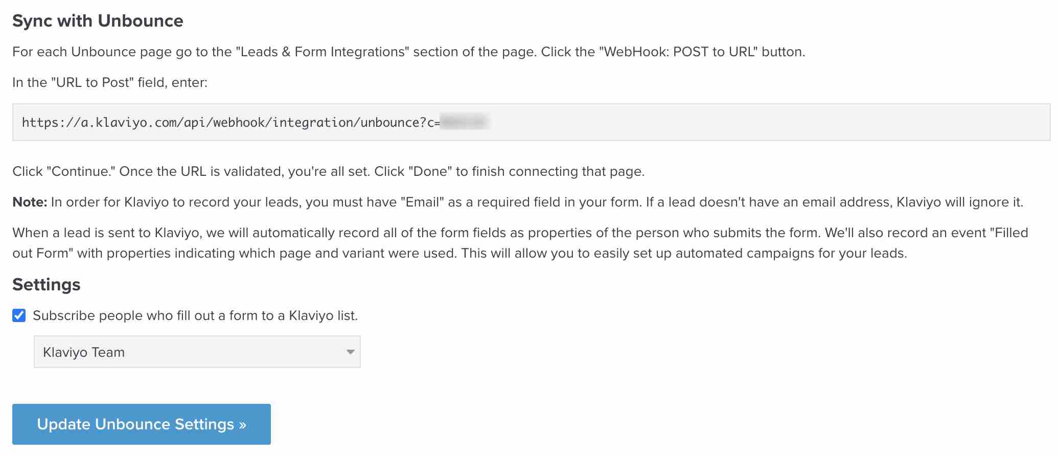 Unbounce integration settings page in Klaviyo with webhook URL in textbox