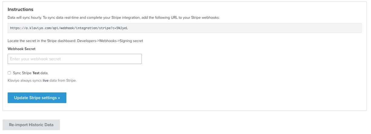 Stripe integration settings page in Klaviyo with webhook URL and Update Stripe Settings with blue background