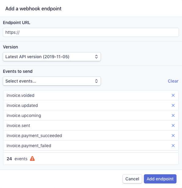 Add a webhook endpoint with full list of events and Add endpoint with purple background