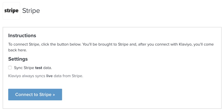 Stripe integration settings page in Klaviyo with Connect to Stripe with blue background