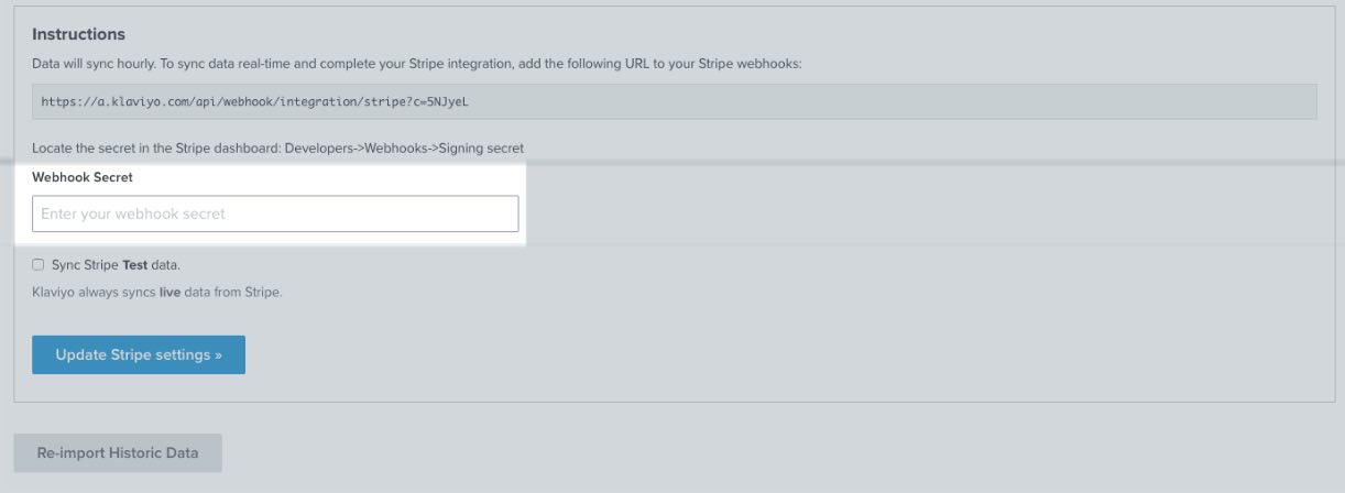 Stripe integration settings page in Klaviyo with Webhook Secret setting highlighted in white