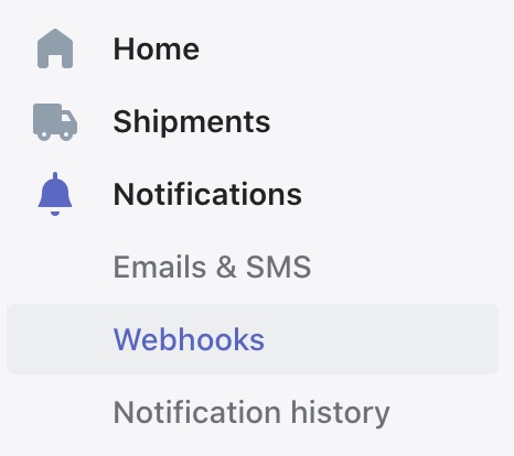 Notifications dropdown with Webhooks highlighted in gray
