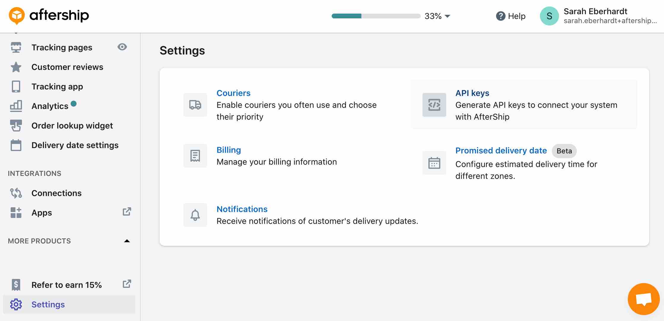AfterShip settings page with API keys highlighted in dark gray