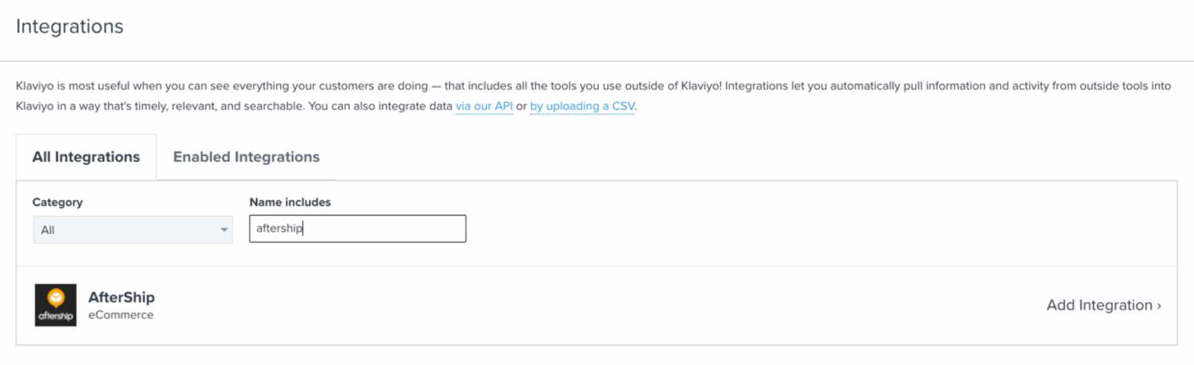 All Integrations tab in Klaviyo with AfterShip in searchbar and AfterShip card in results