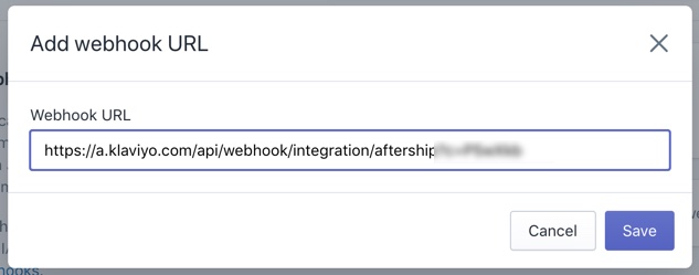 Add webhook URL popup with webhook URL in text box and Save with purple background