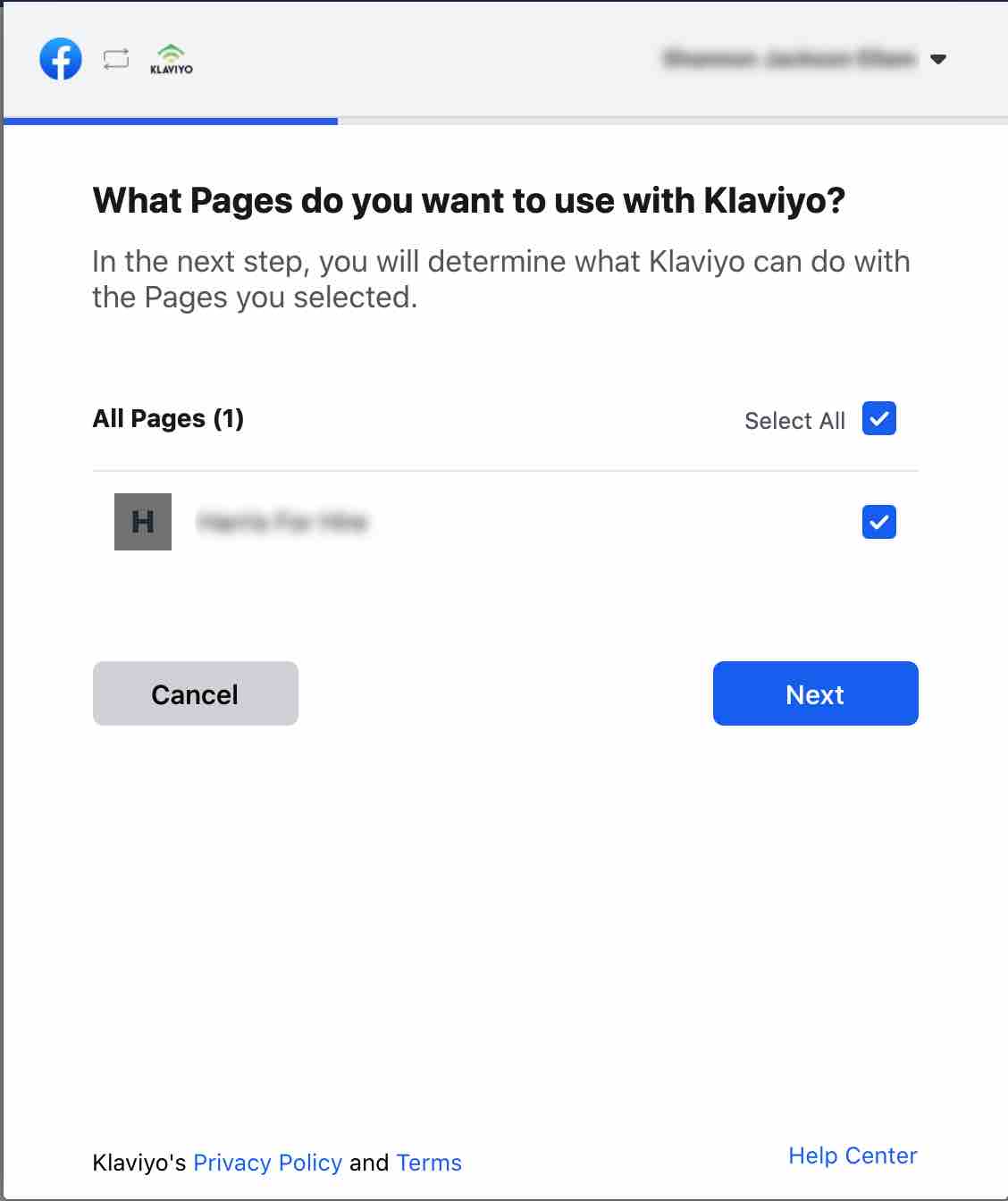 Popup What pages do you want to use with Klaviyo? with one page and Next with blue background