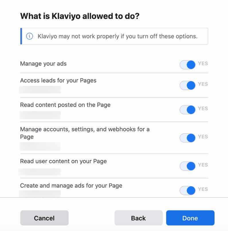 Popup listing Klaviyo permissions with Done with blue background and Back with gray background