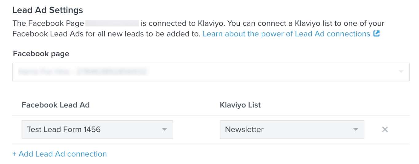 Lead Ad settings page in Klaviyo with list of connections