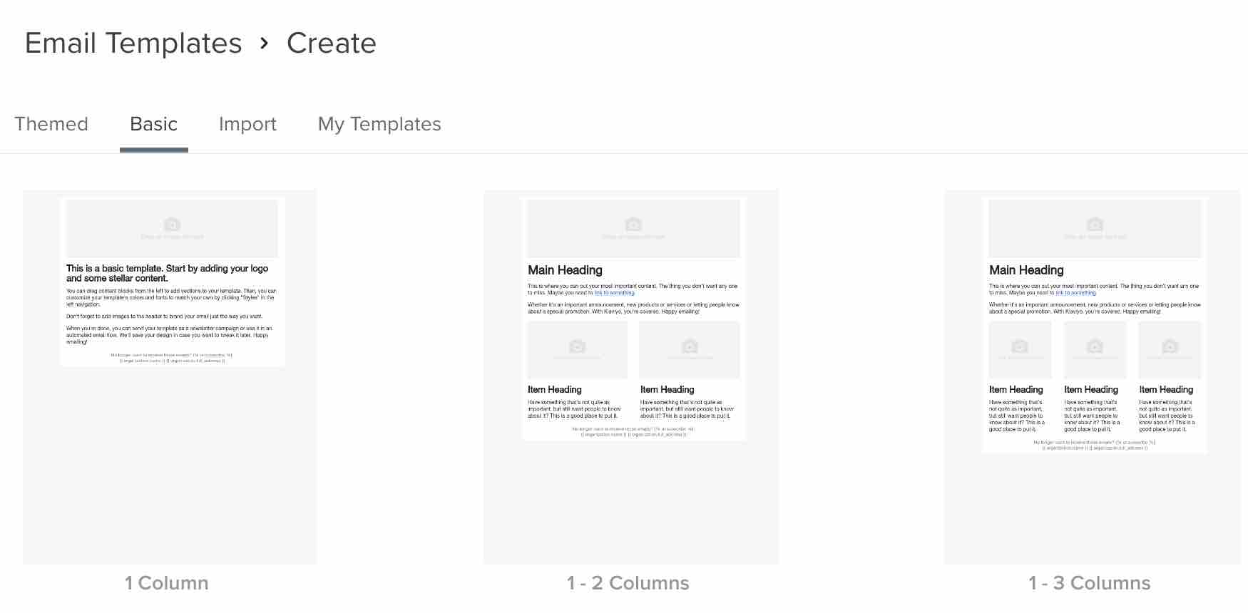 Basic email templates tab in Klaviyo