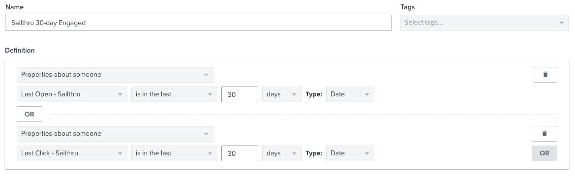 Sailthru 30 Tage engagiertes Segment in Klaviyo Segment Builder