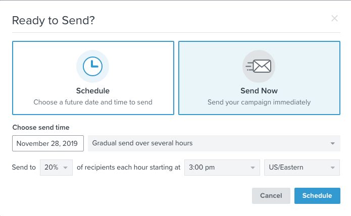 Ready to send? page in Klaviyo with Schedule and Send now options