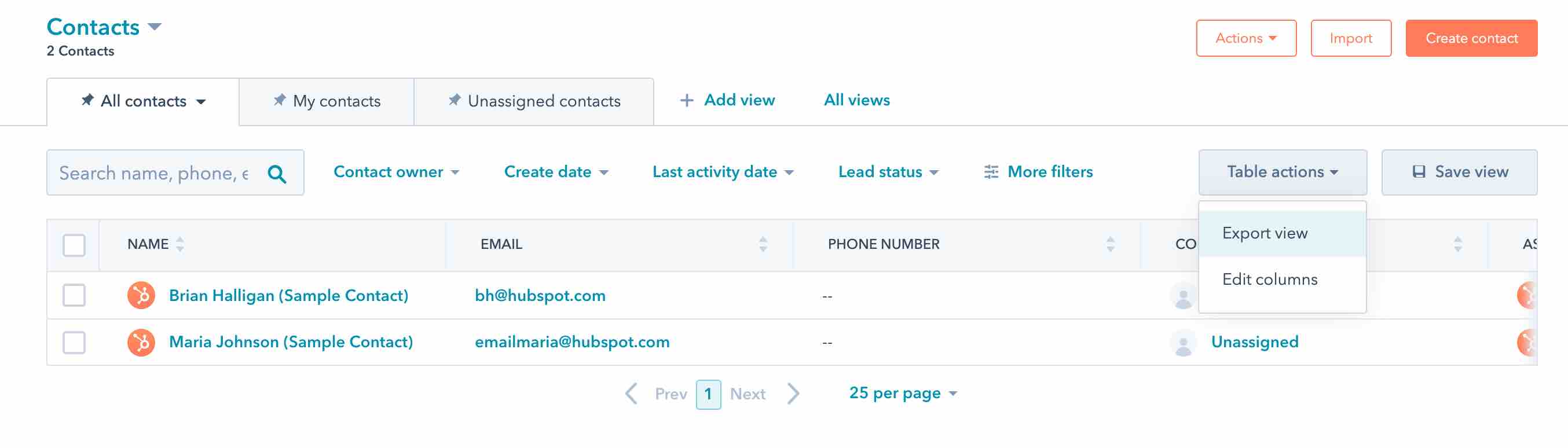 Contacts page in Hubspot on All Contacts tab with Table actions menu open