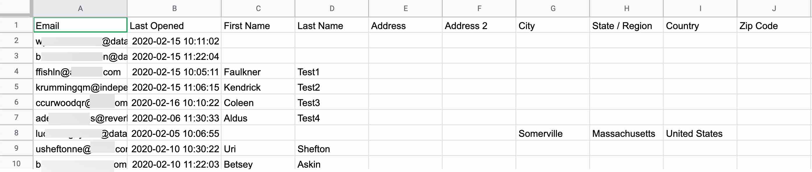 Example CSV file with fields such as first name and last name