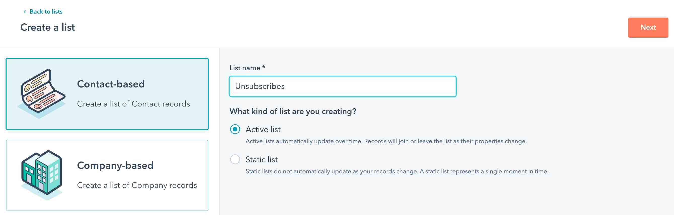 Create a list page in Hubspot with Contact-based list selected