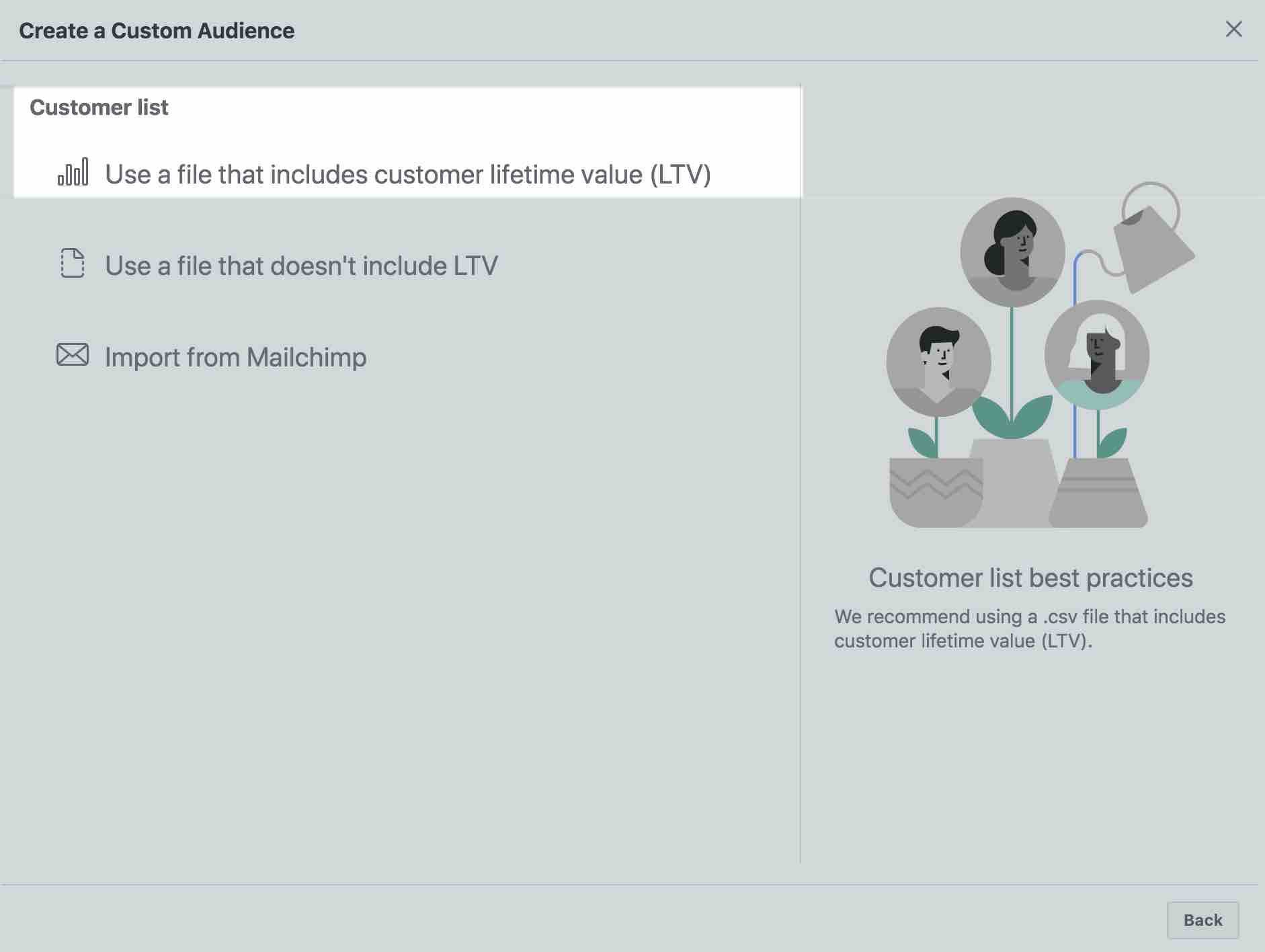Create a custom audience page in Facebook with Use a file that includes customer lifetime value highlighted in white