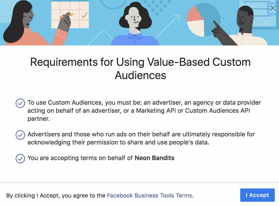 Requirements for using value-based custom audiences agreement in Facebook with I Accept at the bottom with dark blue background