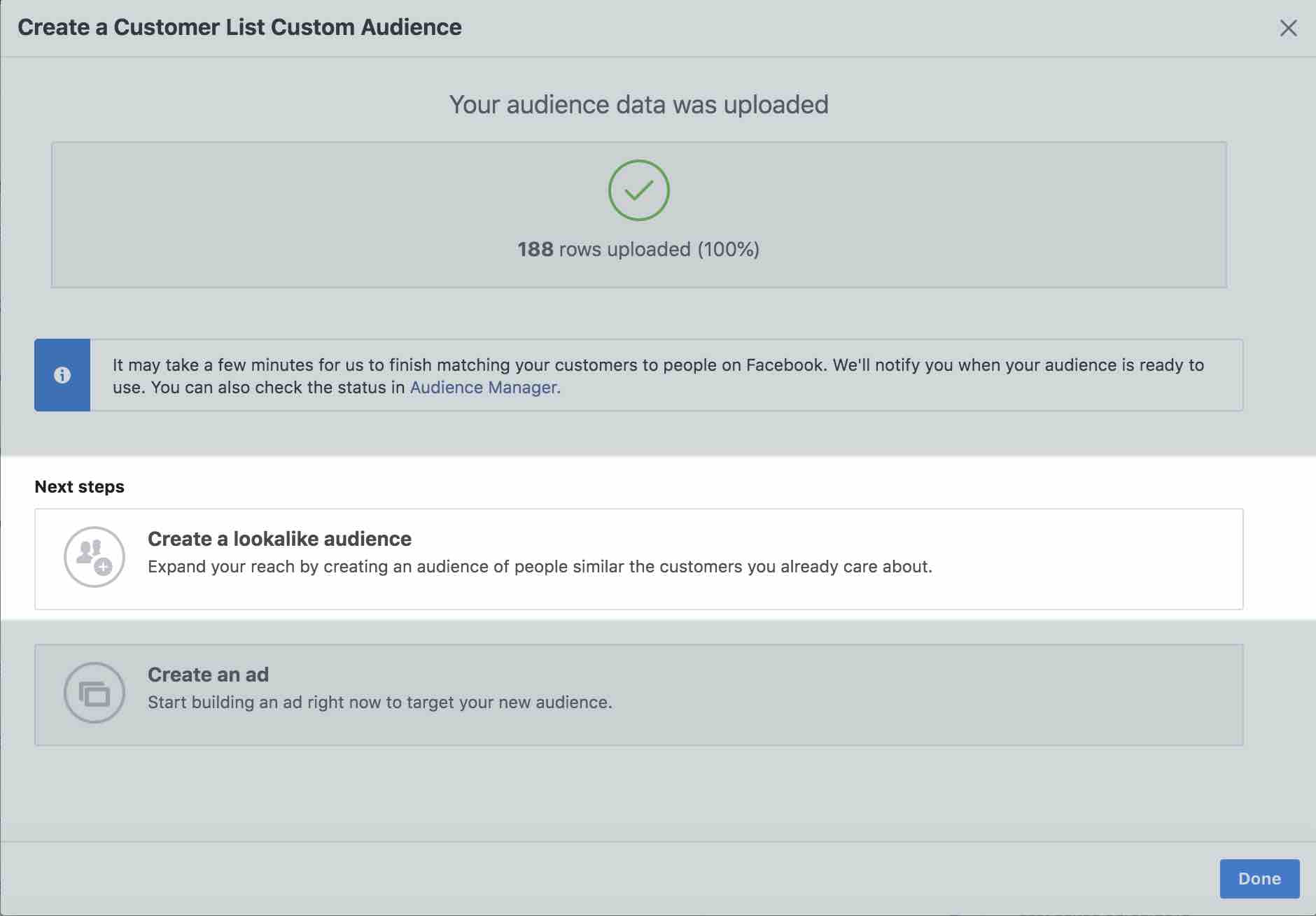 Next steps create a lookalike audience highlighted in white on create a customer list custom audience page in Facebook