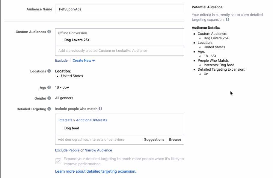 Facebook Audience builder with audience based on custom audience Dog Lovers 25+ with targeting settings selected