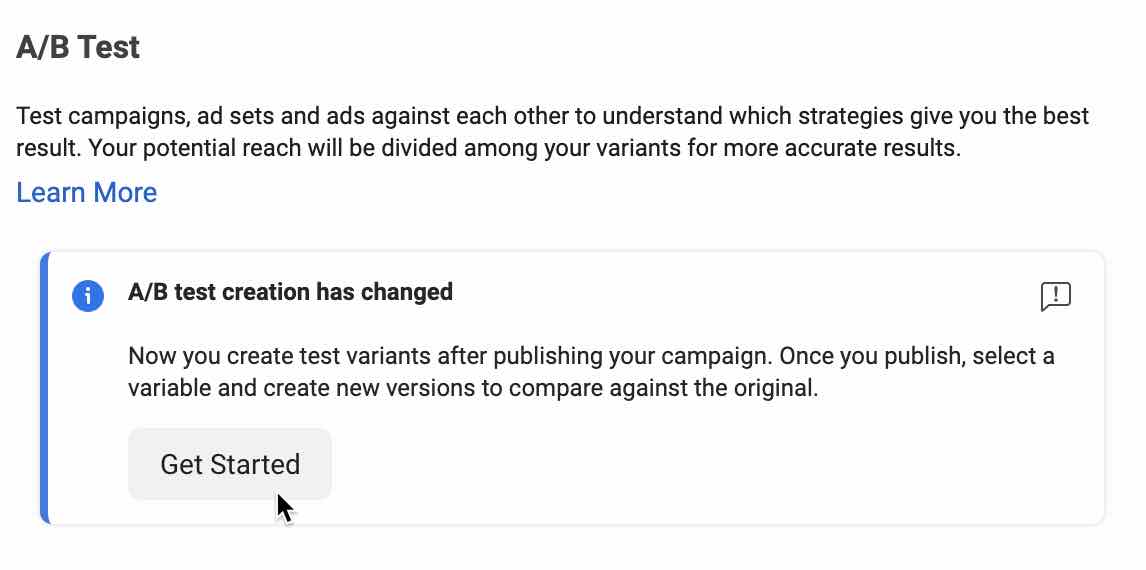 A/B Test information in Facebook including note about how A/B test creation has changed