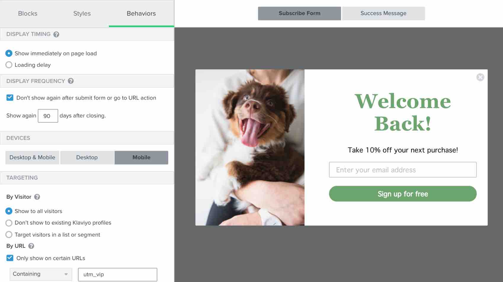 Welcome Back signup form with puppy in Klaviyo form builder