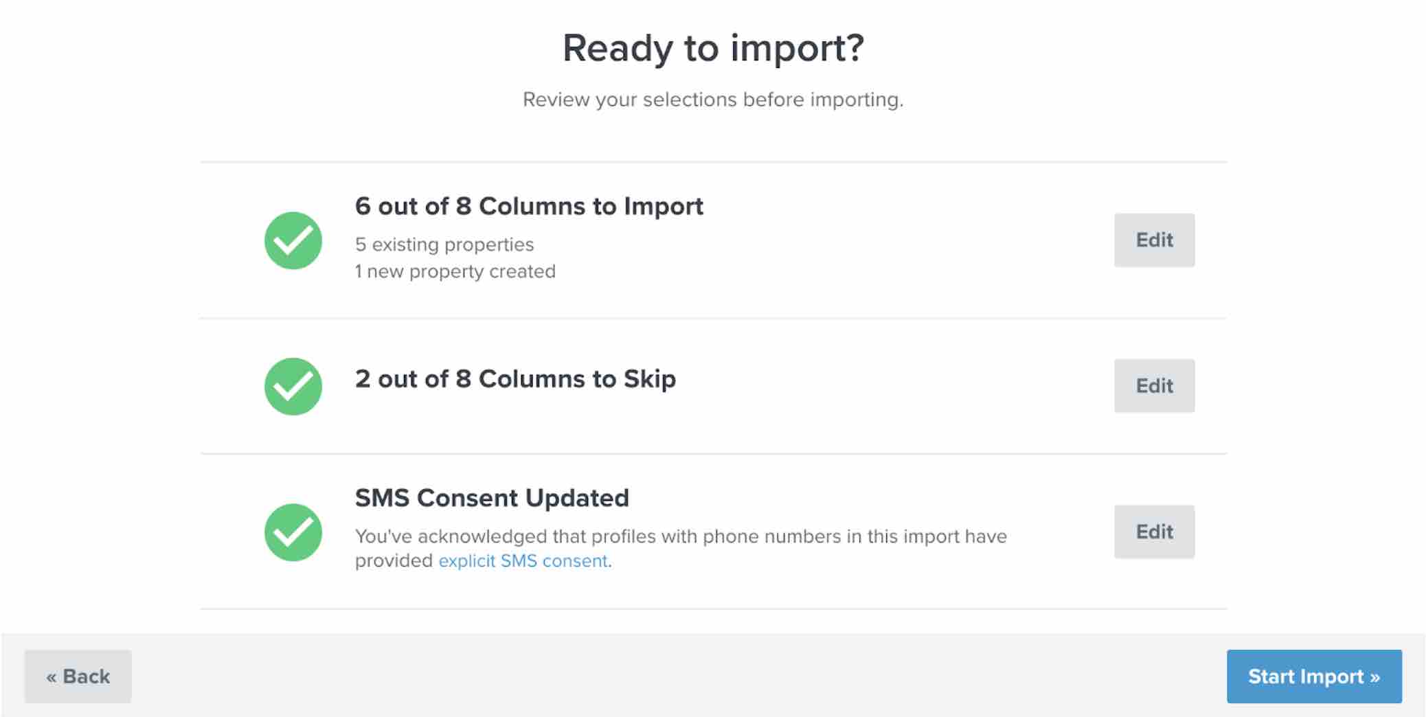 Ready to import? page with start import with blue background