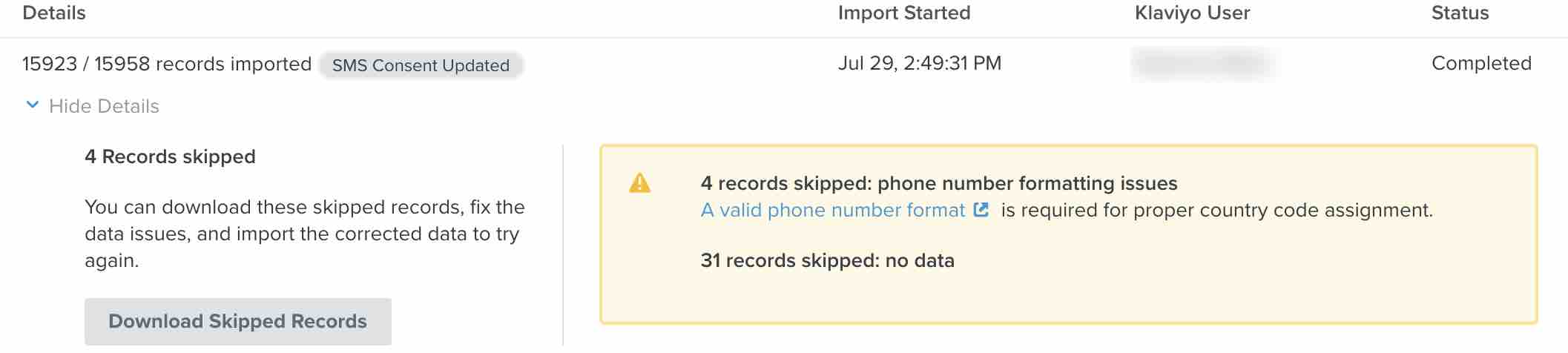 Import details with yellow callout showing 4 records skipped