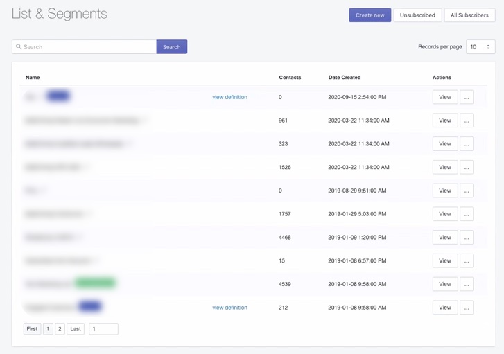Lists and Segments page in SMSBump with Create new with purple background